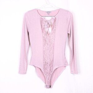 Charlotte Russe Pink Long Sleeve Open Back Bodysuit, Front Midline Lace, Size M
